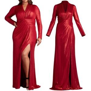 Tadashi Shoji Metallic Long Sleeve Evening Gown Deep Red Size XXL